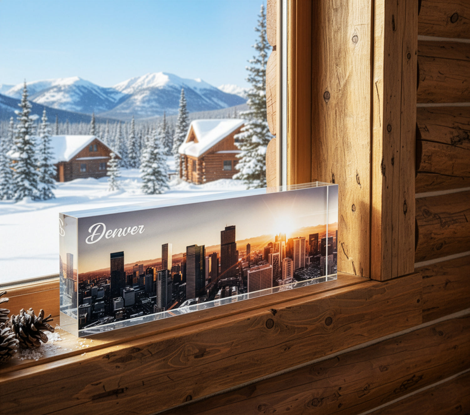 A cityscape print with 'Denver' on a wooden ledge in front of a snowy mountain view.