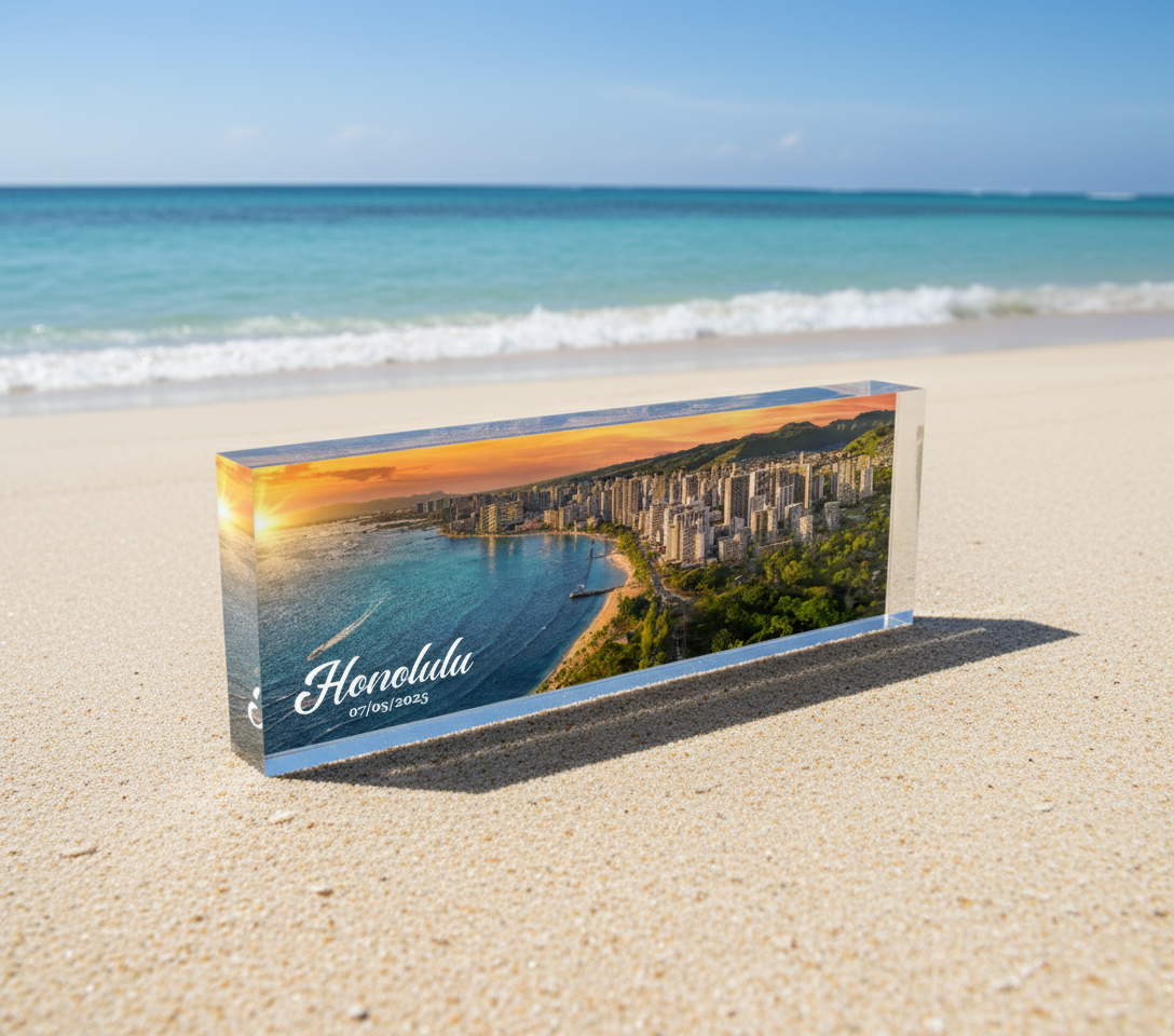 Custom printed acrylic block with Honolulu skyline on a sandy beach