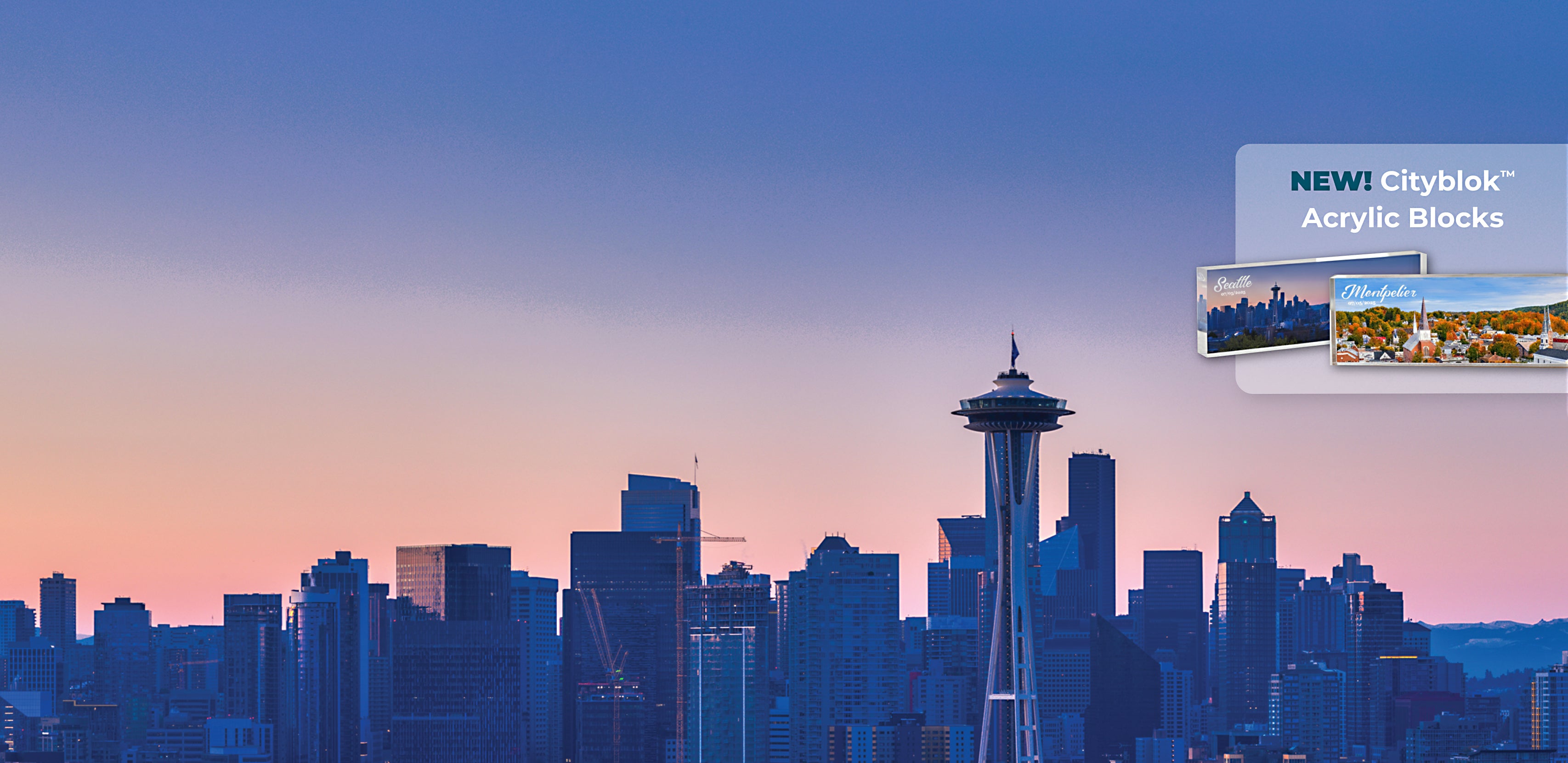 City skyline with Space Needle at sunset, featuring Cityblok acrylic blocks in the corner.