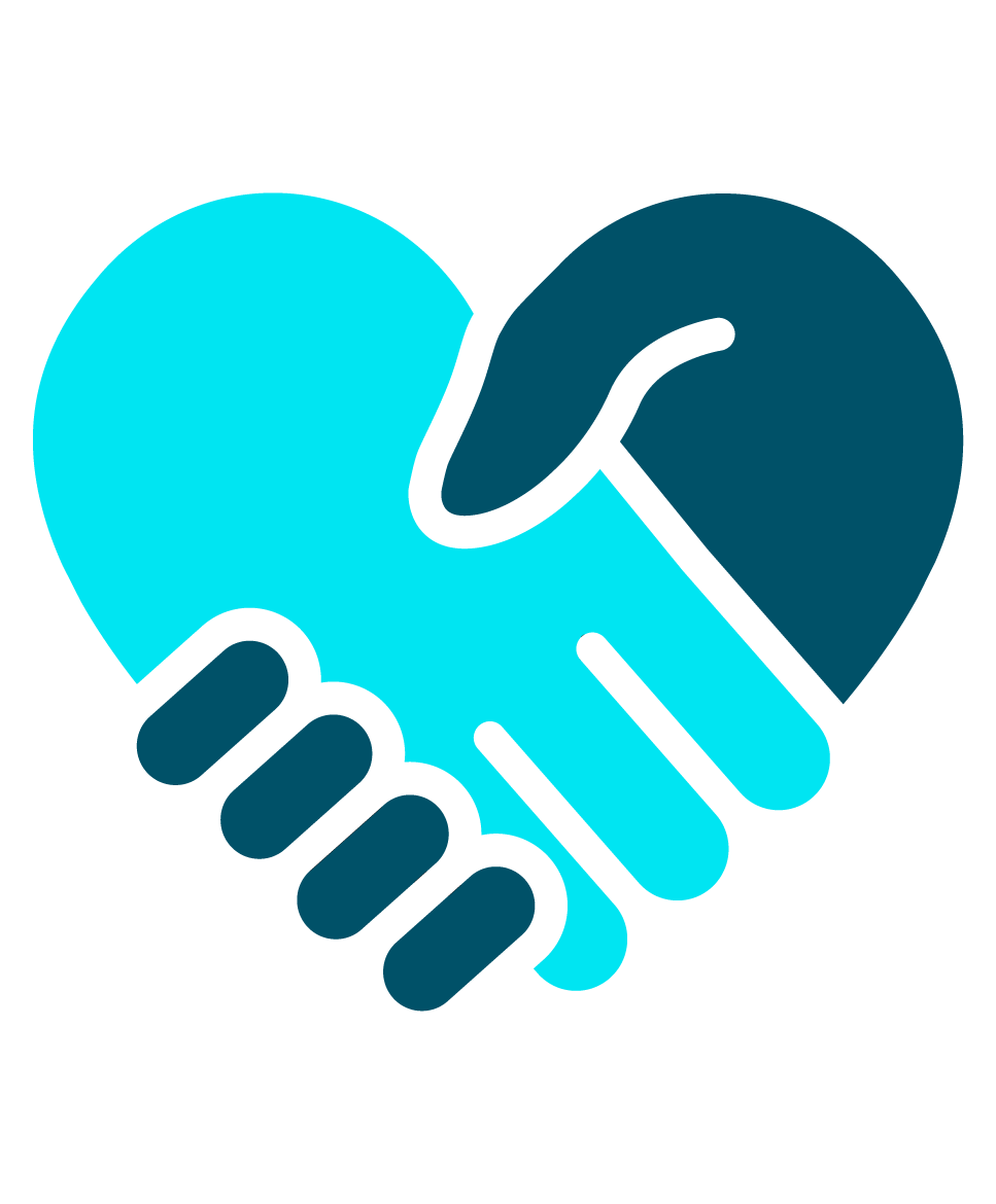 Icon of two hands shaking in the shape of a heart representing a charitable aspect of a custom printing company