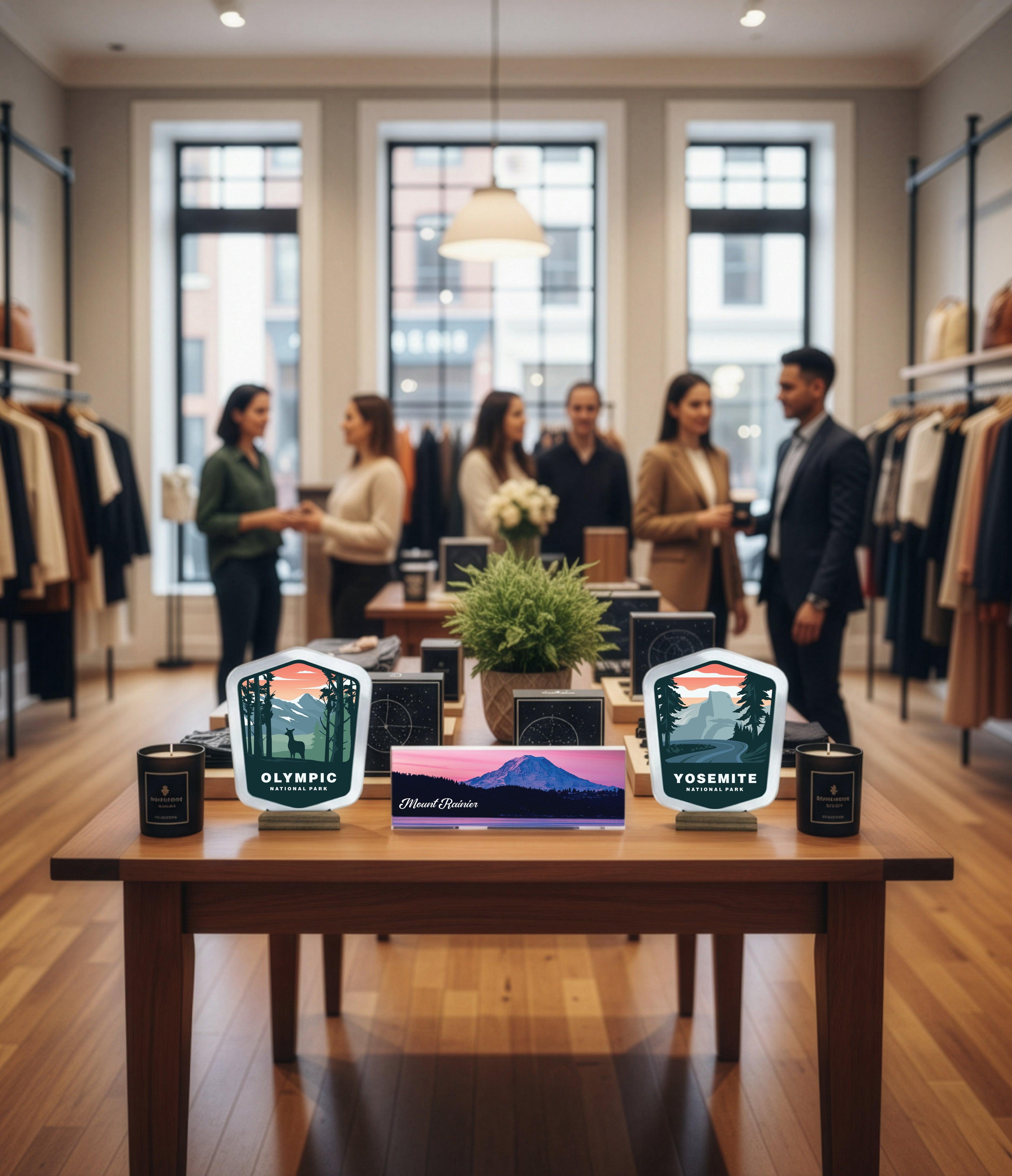Custom printed acrylic decor on a table in a retail store with people shopping in the background